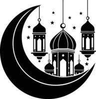 Black silhouette of a islamic mosque and crescent with lanterns vector