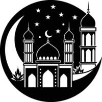 A black and white silhouette of a mosque with a crescent moon vector