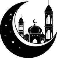 Black silhouette of a islamic mosque and crescent with lanterns vector