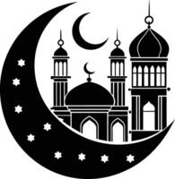 A black and white silhouette of a mosque with a crescent moon vector