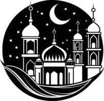 A black and white silhouette of a mosque with a crescent moon vector