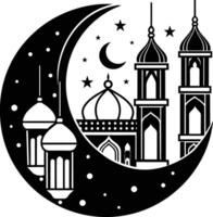 un negro y blanco silueta de un mezquita con un creciente Luna vector