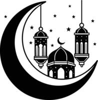 Black silhouette of a islamic mosque and crescent with lanterns vector