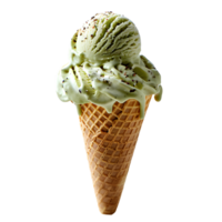 Pistachio ice cream cone isolated. Green pistachio ice cream dripping. Ice cream melt isolated. Pistachio ice cream top view. Ice cream flat lay png