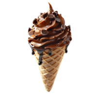 Chocolate ice cream cone with chocolate pieces and sprinkles isolated. Chocolate ice cream dripping. Chocolate ice cream top view isolated. Chocolate dessert flat lay png