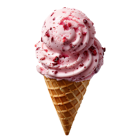 Strawberry ice cream cone isolated. Pink strawberry ice cream dripping. Ice cream melt isolated. Strawberry ice cream top view isolated. Ice cream flat lay png