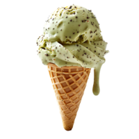 Pistachio ice cream cone isolated. Green pistachio ice cream dripping. Ice cream melt isolated. Pistachio ice cream top view. Ice cream flat lay png