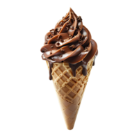 Chocolate ice cream cone with chocolate pieces and sprinkles isolated. Chocolate ice cream dripping. Chocolate ice cream top view isolated. Chocolate dessert flat lay png