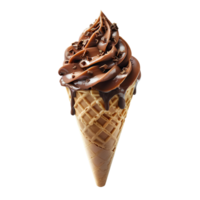 chocolate gelo creme cone com chocolate peças e granulados isolado. chocolate gelo creme gotejamento. chocolate gelo creme topo Visão isolado. chocolate sobremesa plano deitar png