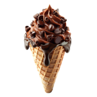 chocolate gelo creme cone com chocolate peças e granulados isolado. chocolate gelo creme gotejamento. chocolate gelo creme topo Visão isolado. chocolate sobremesa plano deitar png