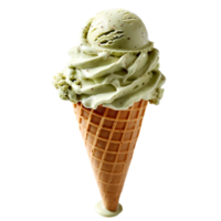 Pistachio ice cream cone isolated. Green pistachio ice cream dripping. Ice cream melt isolated. Pistachio ice cream top view. Ice cream flat lay png