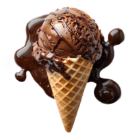 Chocolate ice cream cone with chocolate pieces and sprinkles isolated. Chocolate ice cream dripping. Chocolate ice cream top view isolated. Chocolate dessert flat lay png