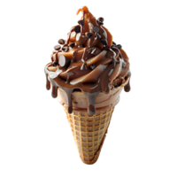 Chocolate ice cream cone with chocolate pieces and sprinkles isolated. Chocolate ice cream dripping. Chocolate ice cream top view isolated. Chocolate dessert flat lay png