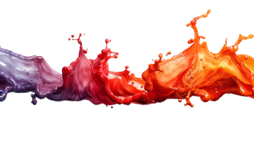 Colorful long paint splash isolated. Red paint explosion. Yellow paint splatter. Blue and purple paint splash isolated png