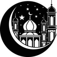 A black and white silhouette of a mosque with a crescent moon vector