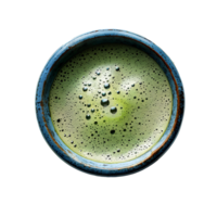 Green matcha tea in cup isolated Healthy green tea in blue cup top view isolated. Matcha tea isolated png