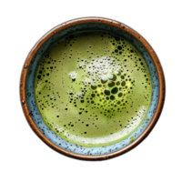 Green matcha tea in cup isolated Healthy green tea in blue cup top view isolated. Matcha tea isolated png