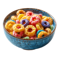 fruit loops cereal in bowl top view isolated. Colorful cereal in a bowl isolated. Breakfast food isolated png