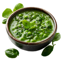 green soup with green spinach and vegetables in a bowl isolated. Organic and vegeterian soup isolated png