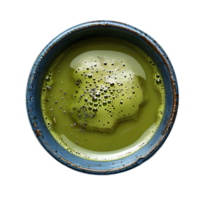 Green matcha tea in cup isolated Healthy green tea in blue cup top view isolated. Matcha tea isolated png