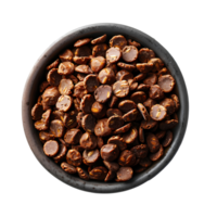 Bowl of chocolate cereal flakes with milk in a bowl isolated. Chocolate cereal in bowl isolated png
