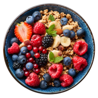Oatmeal top view isolated. oatmeal bowl with variety of fruits isolated. Oatmeal with bananas, strawberries, blueberries. Healthy breakfast meal png