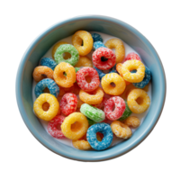 fruta rotações cereal dentro tigela topo Visão isolado. colorida cereal dentro uma tigela isolado. café da manhã Comida isolado png