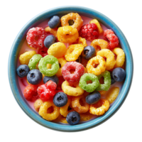 fruit loops cereal in bowl top view isolated. Colorful cereal in a bowl isolated. Breakfast food isolated png