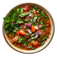 Tomato soup with basil in bowl isolated. Red tomato vegetable soup in bowl isolated png