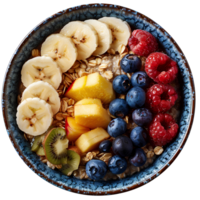 Oatmeal top view isolated. oatmeal bowl with variety of fruits isolated. Oatmeal with bananas, strawberries, blueberries. Healthy breakfast meal png