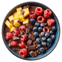 Chocolate oatmeal top view isolated. Chocolate oatmeal bowl with variety of fruits isolated. Oatmeal with bananas, strawberries, blueberries png