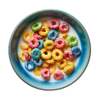 fruit loops cereal in bowl top view isolated. Colorful cereal in a bowl isolated. Breakfast food isolated png