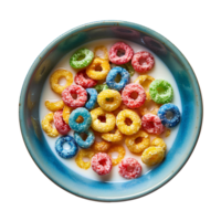 fruit loops ontbijtgranen in kom top visie geïsoleerd. kleurrijk ontbijtgranen in een kom geïsoleerd. ontbijt voedsel geïsoleerd png