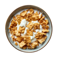 Bowl of cereal flakes with milk in a bowl isolated. Cereal in bowl isolated png