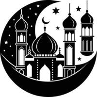 A black and white silhouette of a mosque with a crescent moon vector