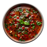 Tomato soup with basil in bowl isolated. Red tomato vegetable soup in bowl isolated png