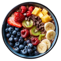 Chocolate oatmeal top view isolated. Chocolate oatmeal bowl with variety of fruits isolated. Oatmeal with bananas, strawberries, blueberries png