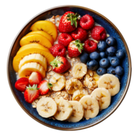 Haferflocken oben Aussicht isoliert. Haferflocken Schüssel mit Vielfalt von Früchte isoliert. Haferflocken mit Bananen, Erdbeeren, Blaubeeren. gesund Frühstück Mahlzeit png