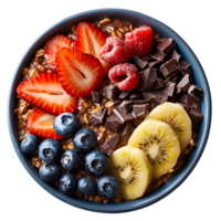 Chocolate oatmeal top view isolated. Chocolate oatmeal bowl with variety of fruits isolated. Oatmeal with bananas, strawberries, blueberries png