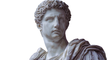 Ancient Greek statue of an ancient Roman senator in marble isolated. Ancient roman Emperor statue in stone isolated. Ancient Greek architecture isolated png