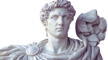 Ancient Greek statue of an ancient Roman senator in marble isolated. Ancient roman Emperor statue in stone isolated. Ancient Greek architecture isolated png