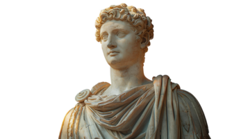 Ancient Greek statue of an ancient Roman senator in marble isolated. Ancient roman Emperor statue in stone isolated. Ancient Greek architecture isolated png