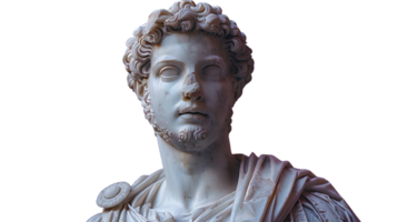 Ancient Greek statue of an ancient Roman senator in marble isolated. Ancient roman Emperor statue in stone isolated. Ancient Greek architecture isolated png