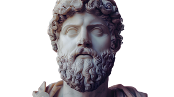 Ancient Greek statue of an ancient Roman senator in marble isolated. Ancient roman Emperor statue in stone isolated. Ancient Greek architecture isolated png