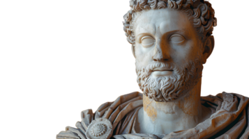 Ancient Greek statue of an ancient Roman senator in marble isolated. Ancient roman Emperor statue in stone isolated. Ancient Greek architecture isolated png