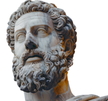 Ancient Greek statue of an ancient Roman senator in marble isolated. Ancient roman Emperor statue in stone isolated. Ancient Greek architecture isolated png