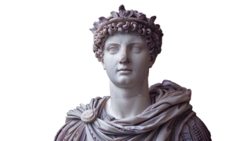 Ancient Greek statue of an ancient Roman senator in marble isolated. Ancient roman Emperor statue in stone isolated. Ancient Greek architecture isolated png