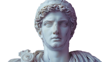 Ancient Greek statue of an ancient Roman senator in marble isolated. Ancient roman Emperor statue in stone isolated. Ancient Greek architecture isolated png