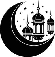 Black silhouette of a islamic mosque and crescent with lanterns vector