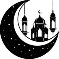 Black silhouette of a islamic mosque and crescent with lanterns vector